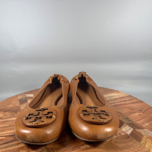 Tory Burch Minnie Travel Ballet Flats Brown Leather Round Toe Logo Women's 8 - Picture 2 of 7